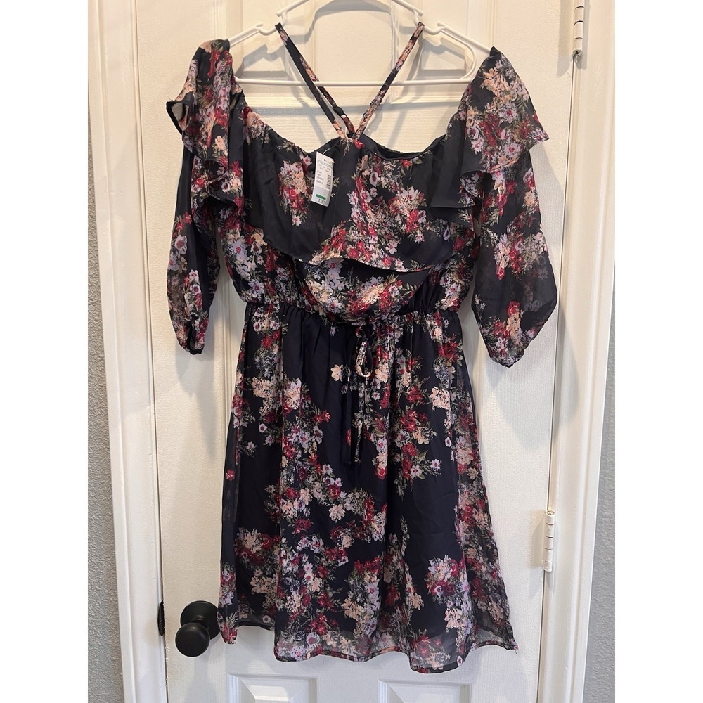 NWT Maurices Dark Floral Cold Shoulder Chiffon Ruffle Dress Small Boho Whimsy